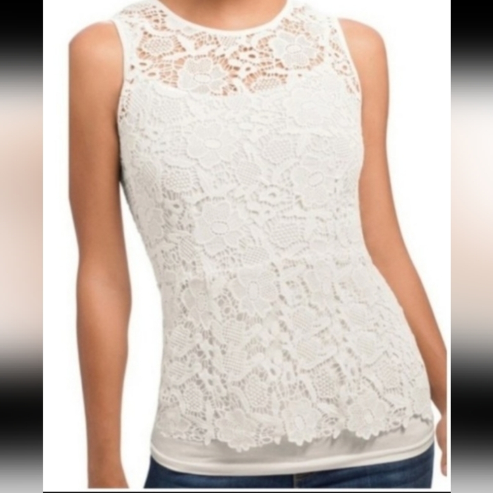 CAbi White Crochet Lace Back Zipper Peplum Sleeveless Blouse Women's Size XS